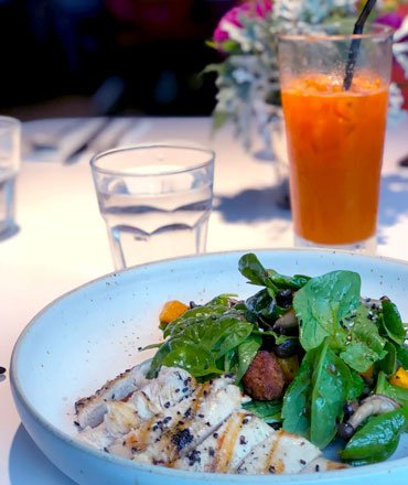 salad and drinks