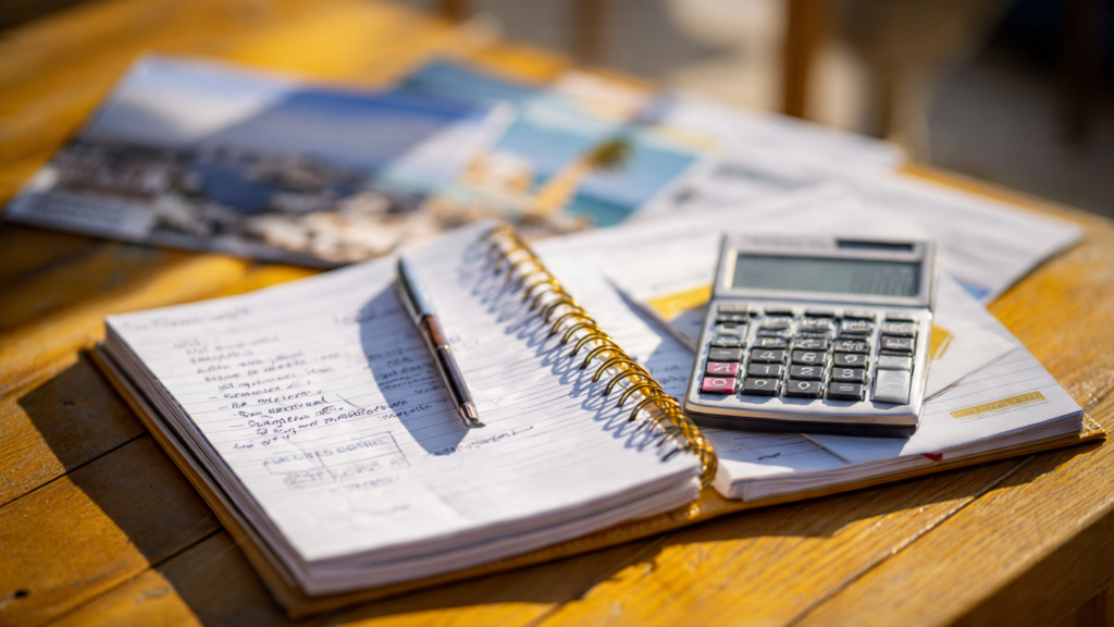 Notebook with budget notes, cruise brochures, and a calculator on a sunny table