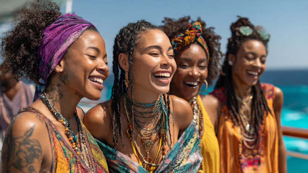 Happy group of black women laughing on a ship deck with turquoise ocean behind them. Bright sunny day and colorful outfits.