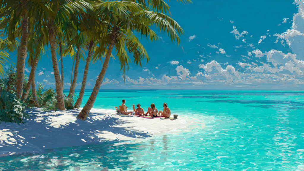 Group enjoying a beach excursion with clear water and palm trees.