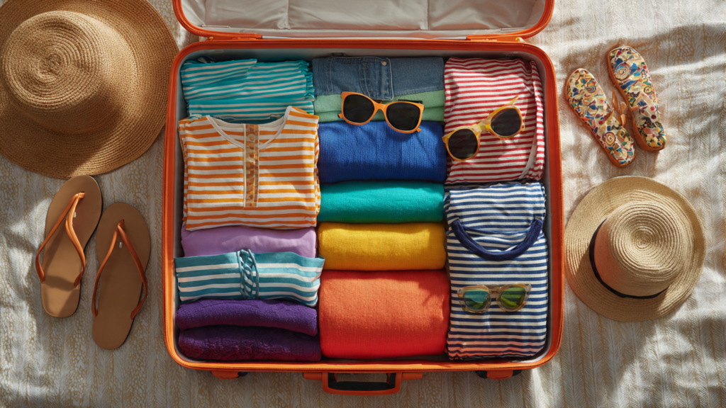 Open suitcase neatly packed with colorful cruise clothes and accessories.